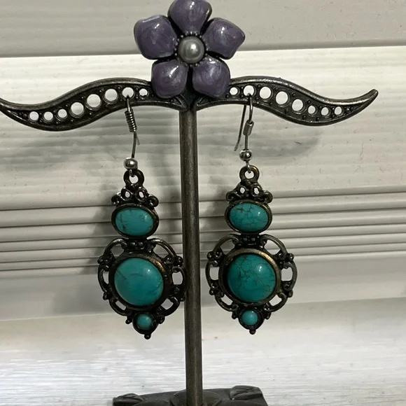 Turquoise (faux) dangle earrings - Picture 2 of 3